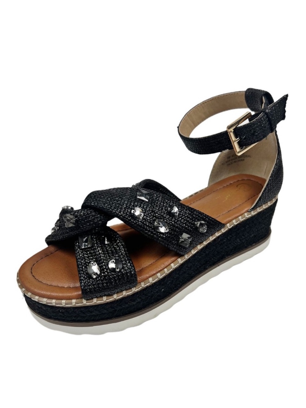 C Comfort Black Rhinestone Straw Platform Sandals Sz 9